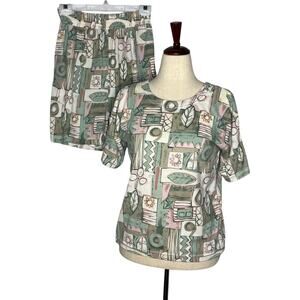 Vintage 90s Matching Set Women's M Shorts Top Geometric Abstract Stretch Waist